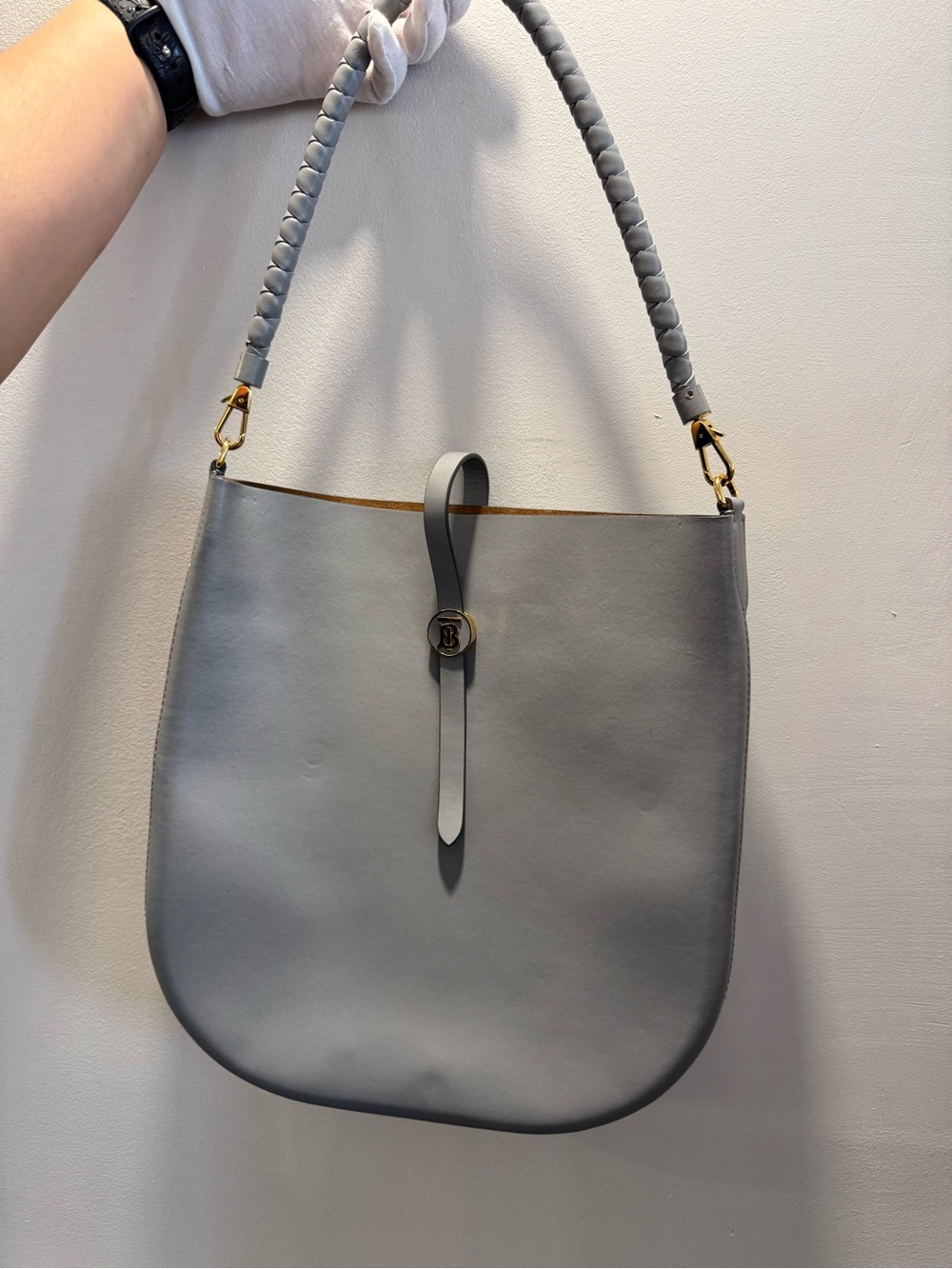 Burberry Anne Hobo Bag Cloud Grey Leather TB Monogram Large - Picture 2 of 12